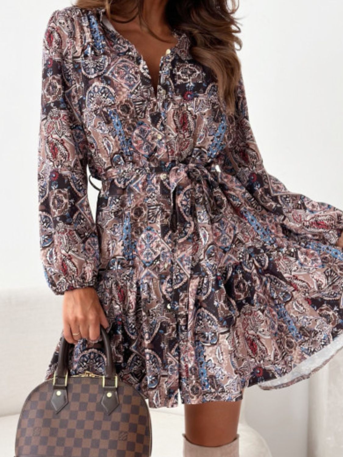 Ruffle Hem Floral Long Sleeve Dress - Black Ivory Apparel & Boutique