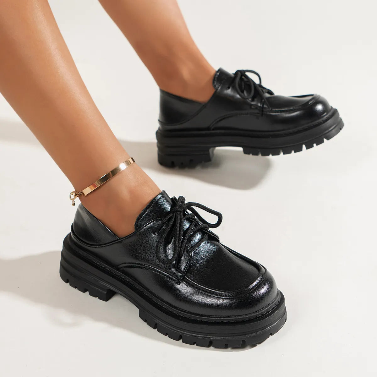 Leather Platform Loafers with Lace-Up Detail – Black Ivory