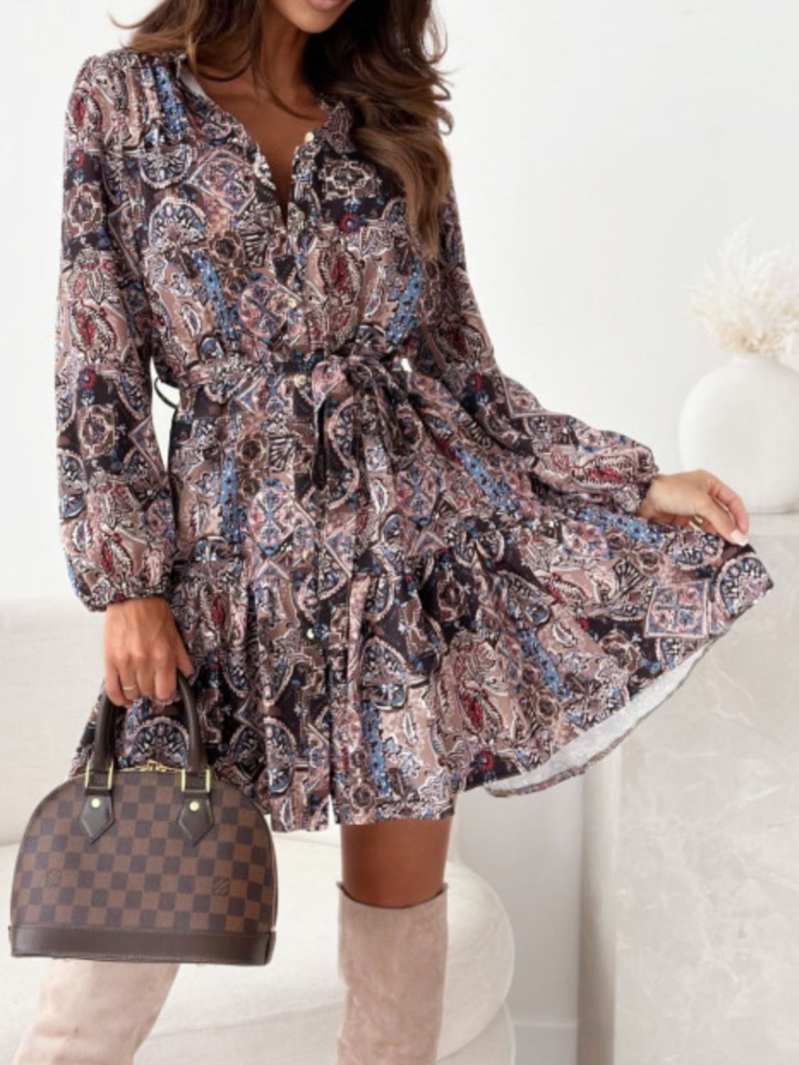 Ruffle Hem Floral Long Sleeve Dress - Black Ivory Apparel & Boutique