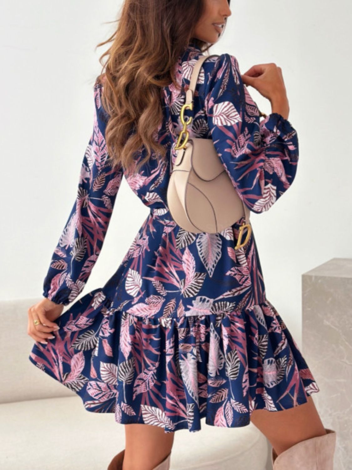 Ruffle Hem Floral Long Sleeve Dress - Black Ivory Apparel & Boutique