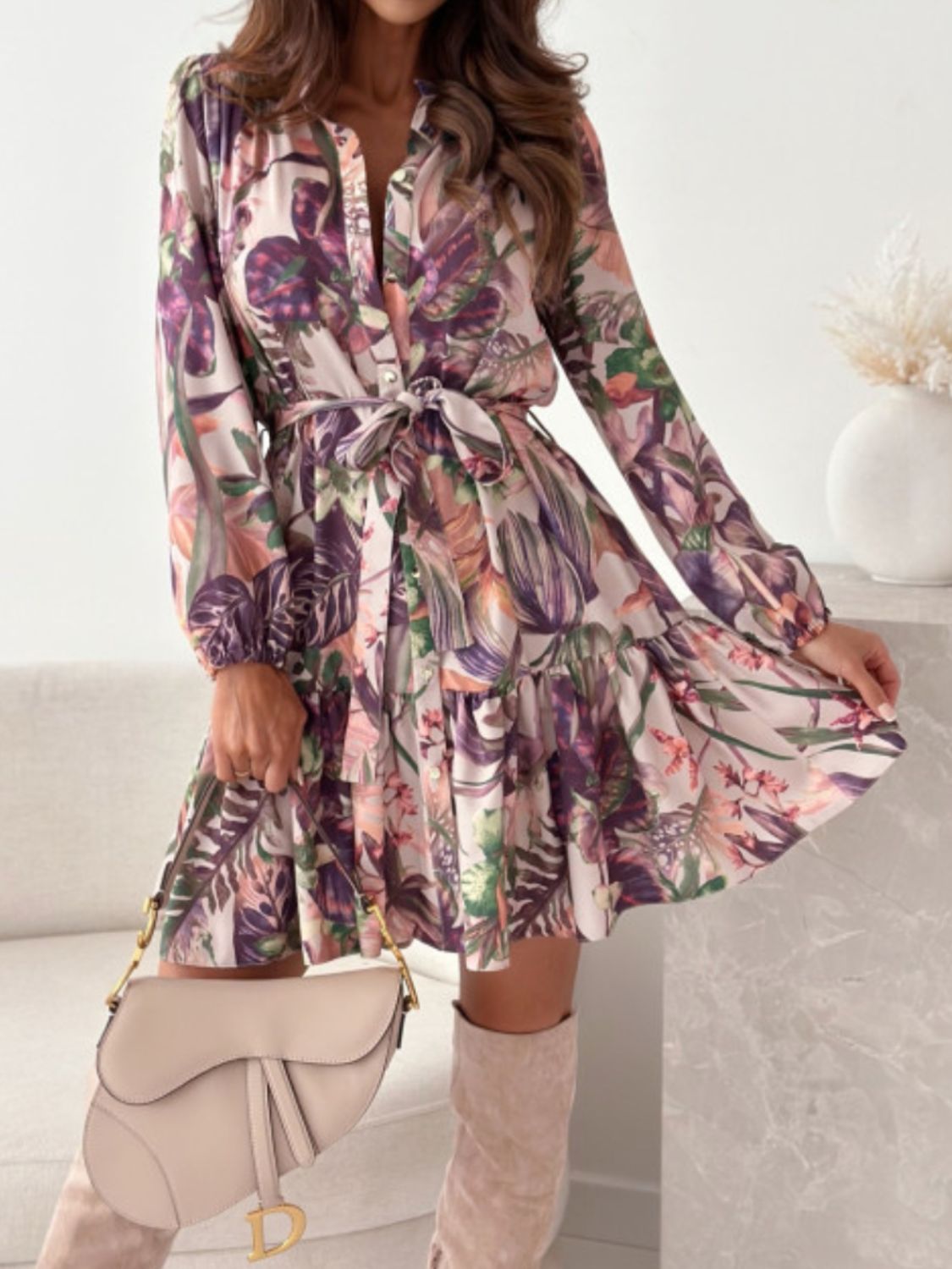 Ruffle Hem Floral Long Sleeve Dress - Black Ivory Apparel & Boutique
