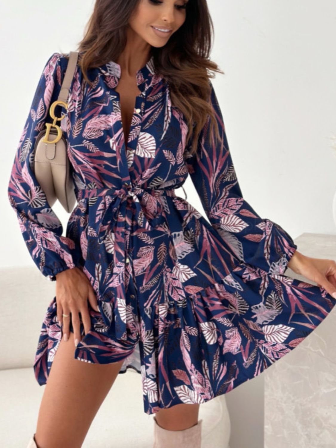 Ruffle Hem Floral Long Sleeve Dress - Black Ivory Apparel & Boutique