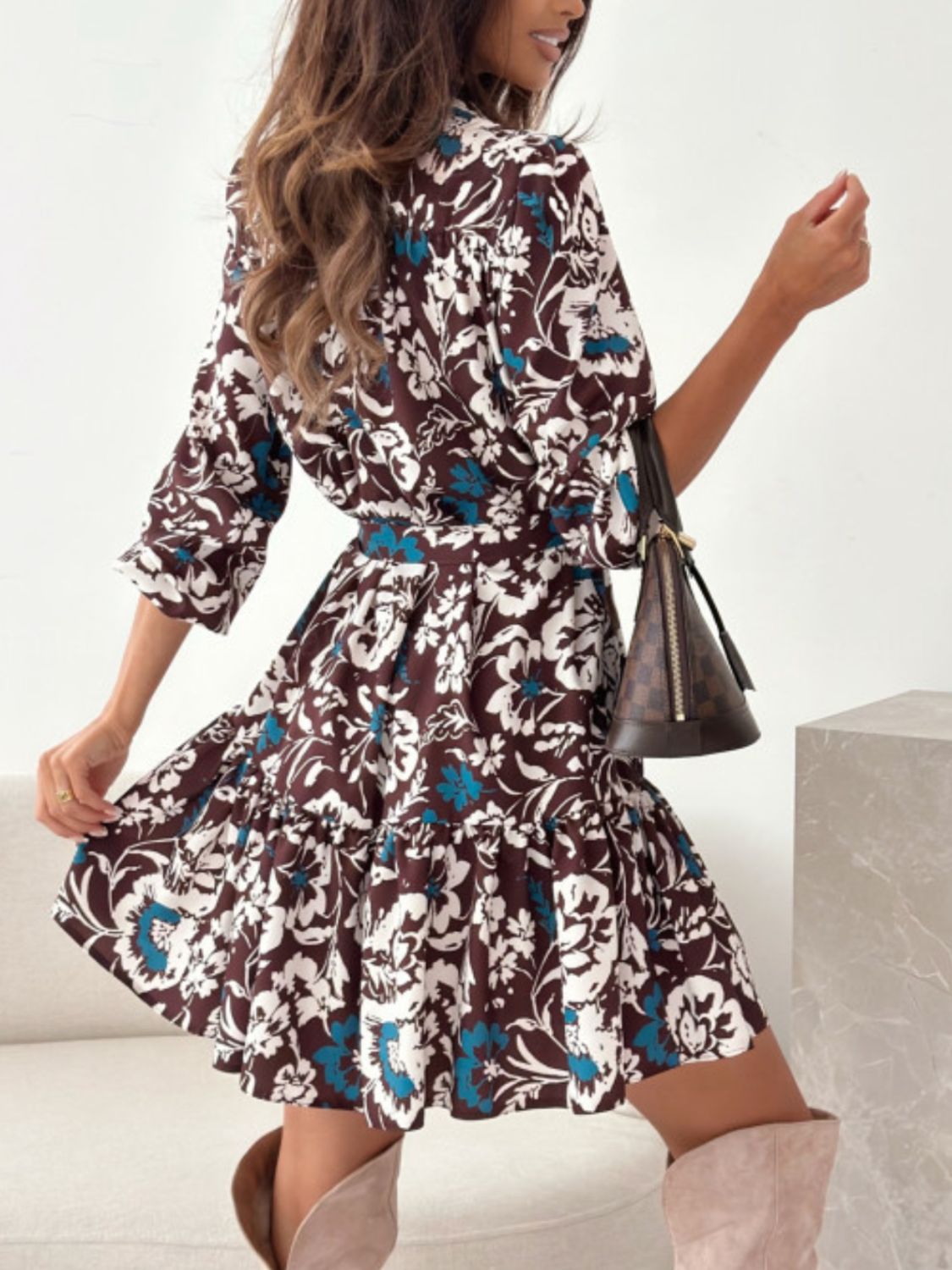 Ruffle Hem Floral Long Sleeve Dress - Black Ivory Apparel & Boutique