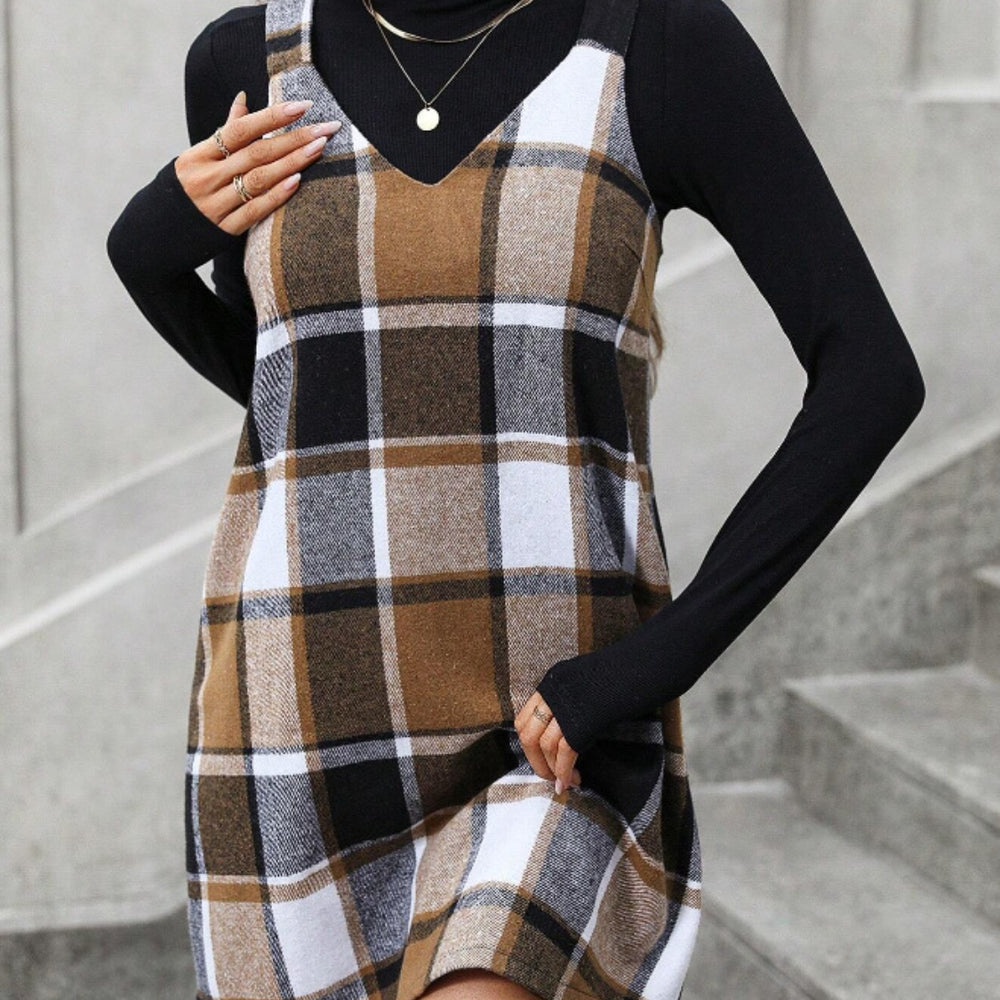 Plaid V-Neck Wide Strap Tank Dress