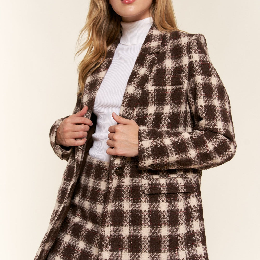 And The Why Full Size Plaid Brushed One Button Blazer - Black Ivory Apparel and Boutique