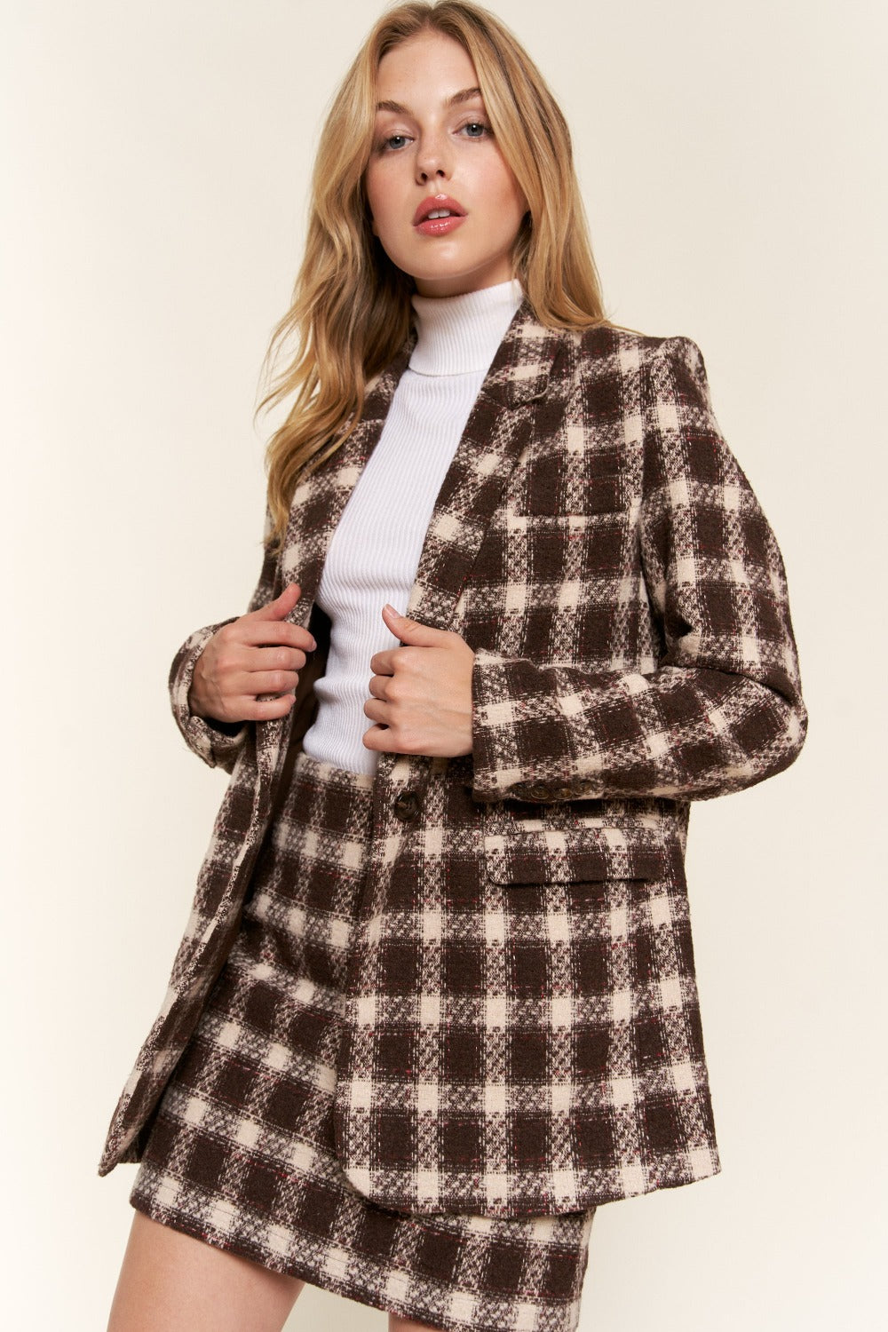 And The Why Full Size Plaid Brushed One Button Blazer - Black Ivory Apparel and Boutique