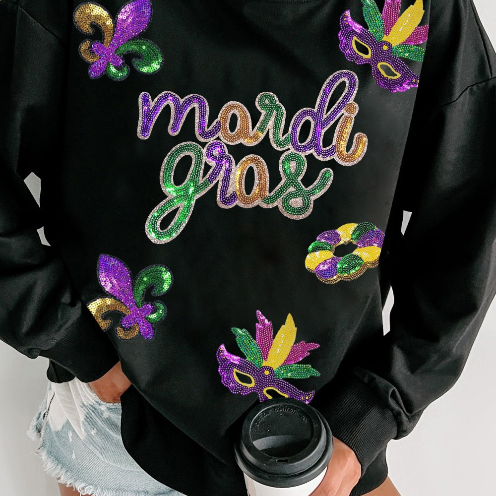 MARDI GRAS Sequin Round Neck Sweatshirt In Black 