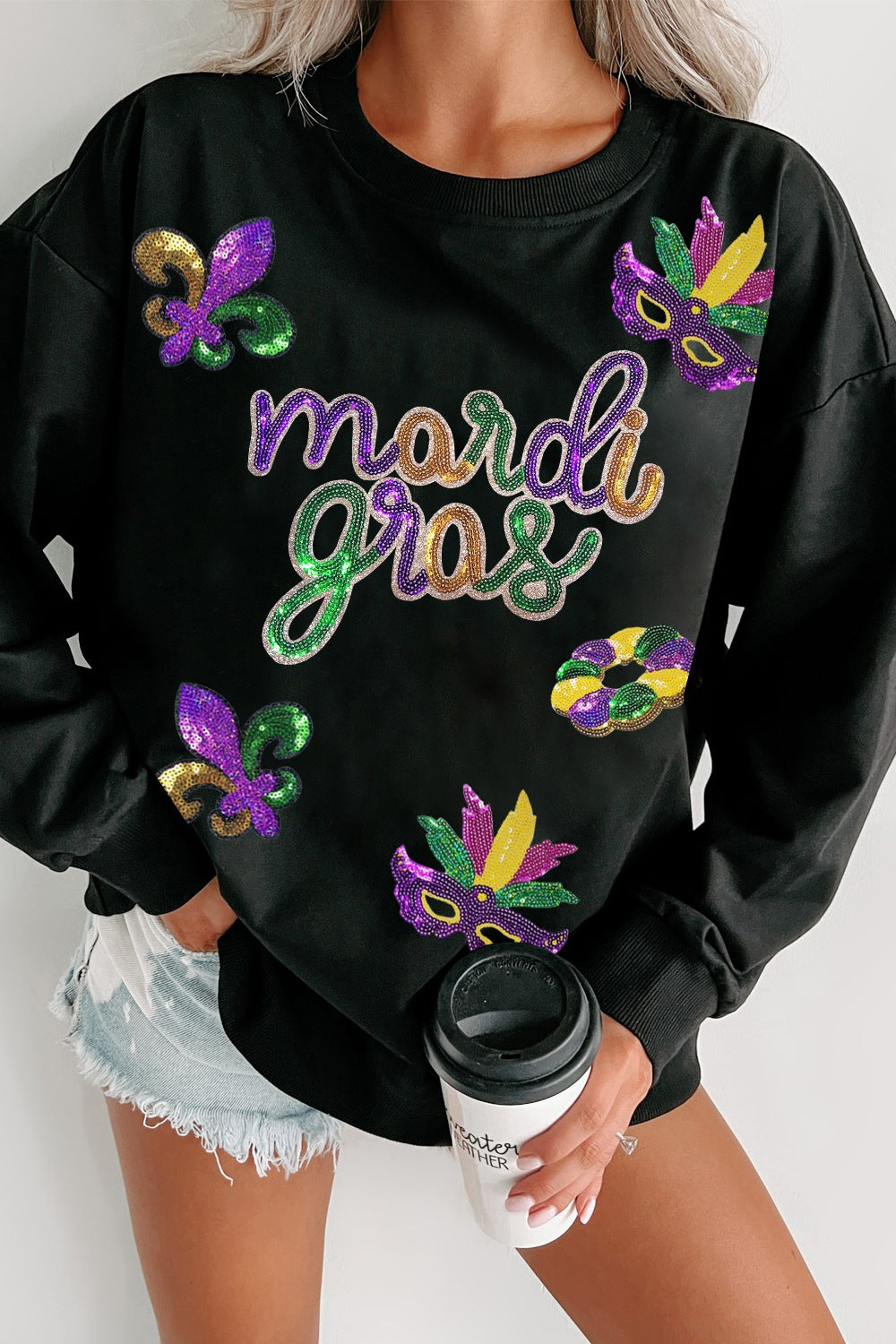 MARDI GRAS Sequin Round Neck Sweatshirt In Black 