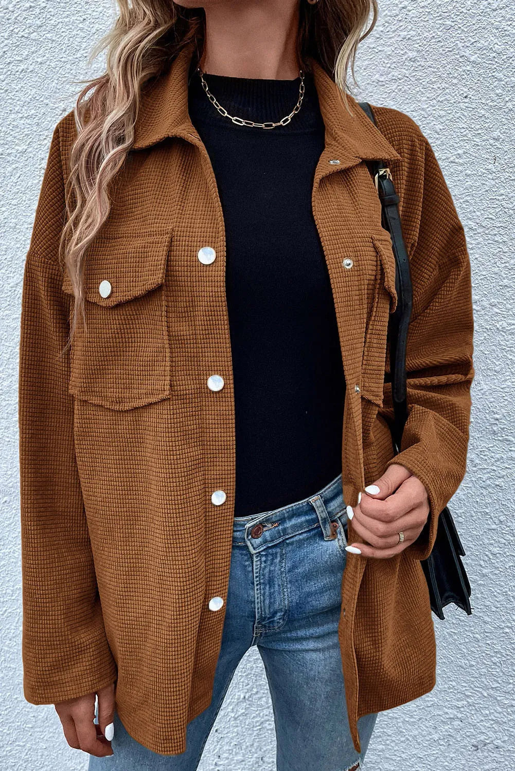 Pocketed Snap Down Long Sleeve Jacket - Black Ivory Apparel and Boutique