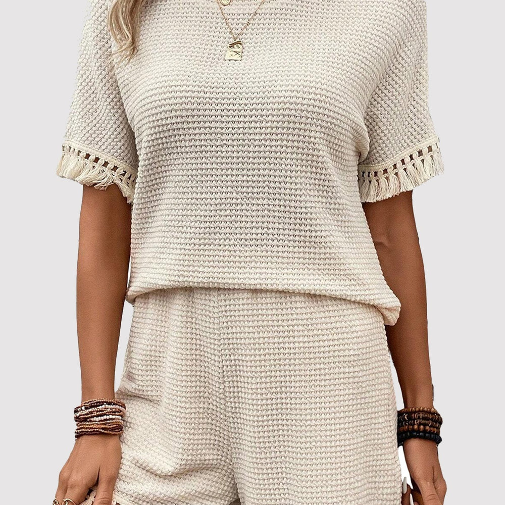 Tassel Round Neck Top and Shorts Set - Black Ivory Apparel and Boutique