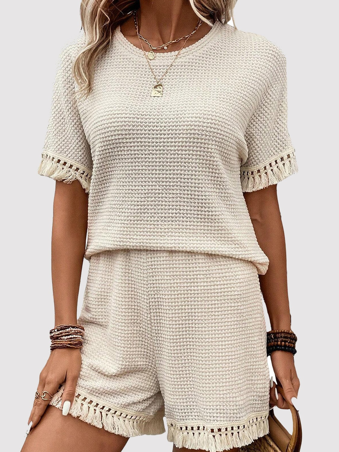 Tassel Round Neck Top and Shorts Set - Black Ivory Apparel and Boutique