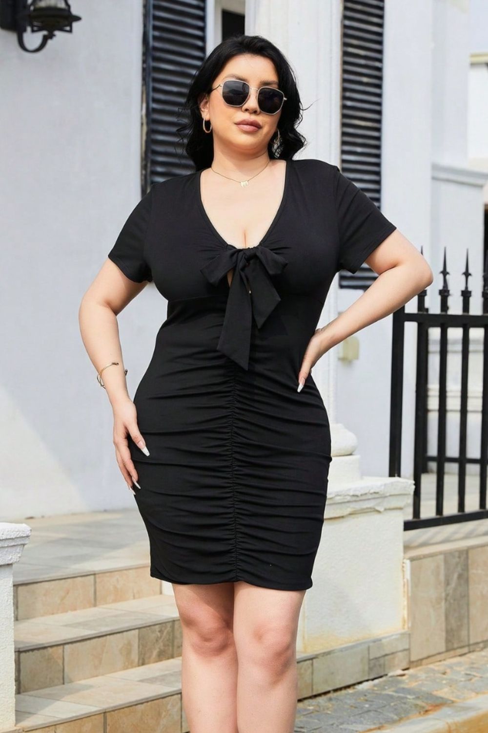 Plus Size Ruched Tied Short Sleeve Mini Dress - Black Ivory Apparel and Boutique