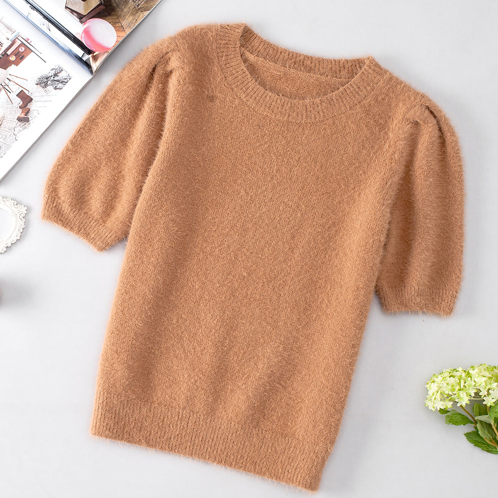 Fuzzy Round Neck Half Sleeve Sweater