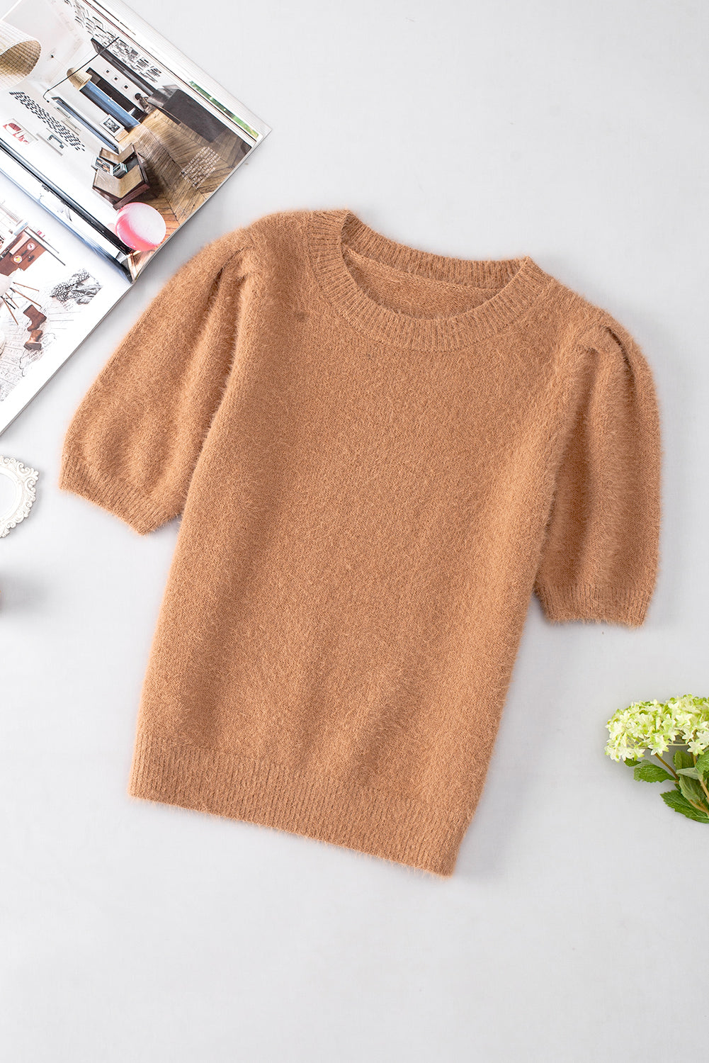 Fuzzy Round Neck Half Sleeve Sweater