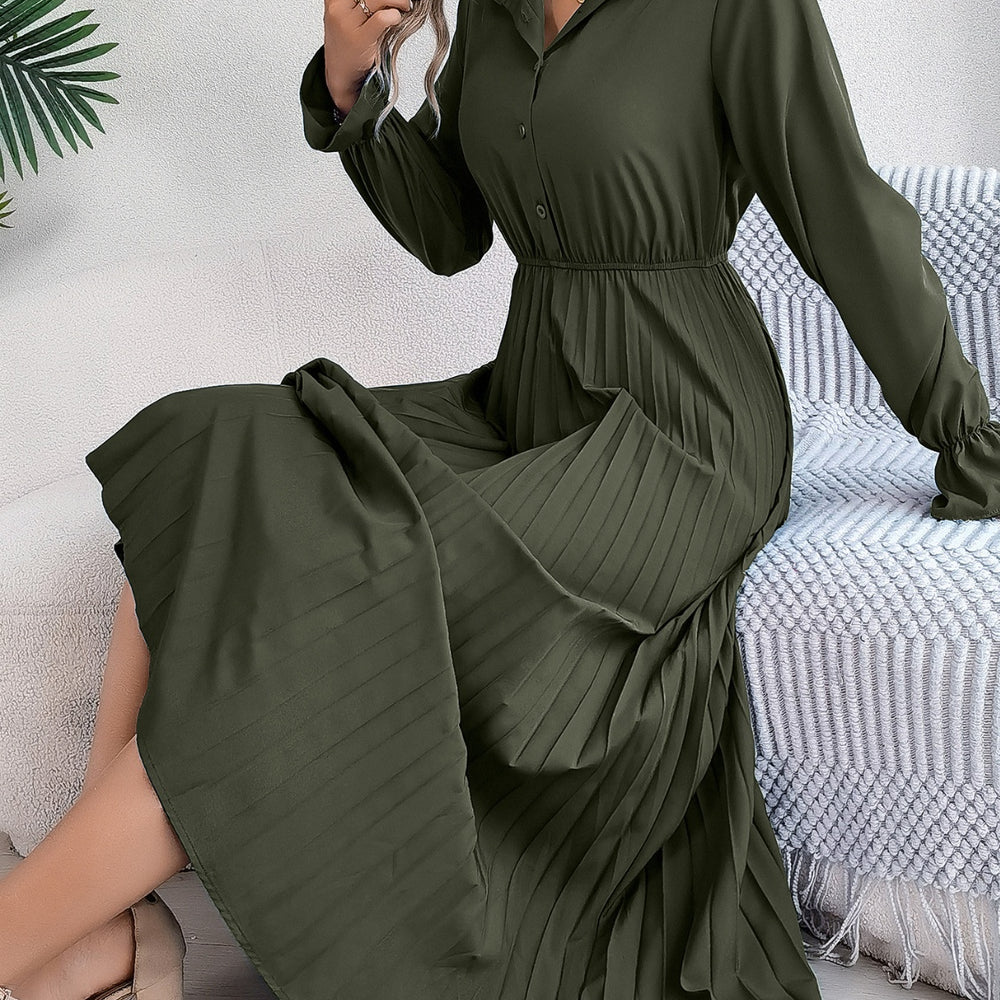 
                  
                    Pleated Half Button Long Sleeve Midi Dress
                  
                