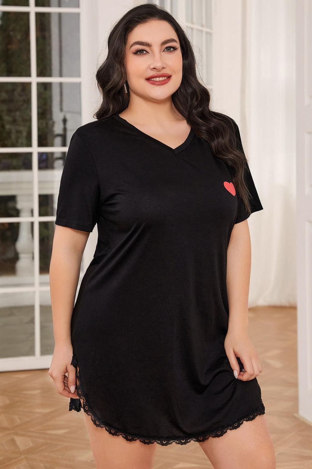 Plus Size Lace Trim V-Neck Short Sleeve Night Dress - Black Ivory Apparel and Boutique