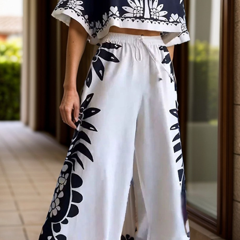 Printed Half Sleeve Top and Wide Leg Pants Set - Black Ivory Apparel and Boutique