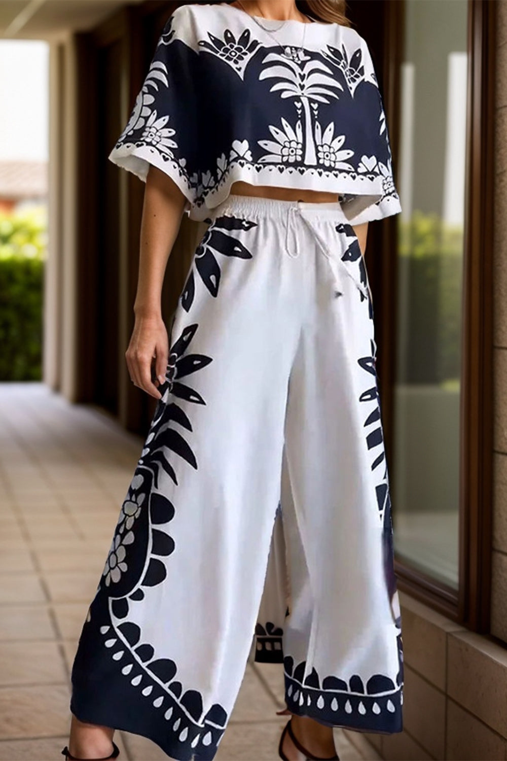 Printed Half Sleeve Top and Wide Leg Pants Set - Black Ivory Apparel and Boutique