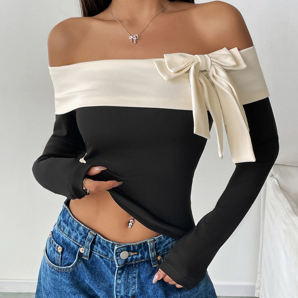 
                  
                    Perfee Bow Contrast Off-Shoulder Long Sleeve Top
                  
                