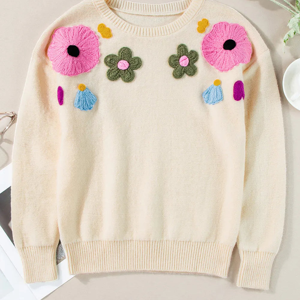 Plus Size Crochet Flower Round Neck Long Sleeve Sweater