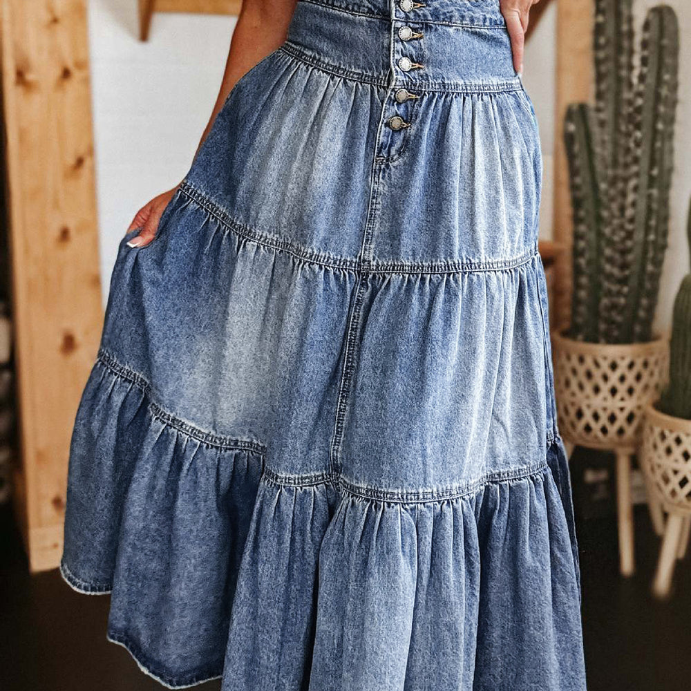 
                  
                    Tiered Button-Fly Denim Skirt
                  
                