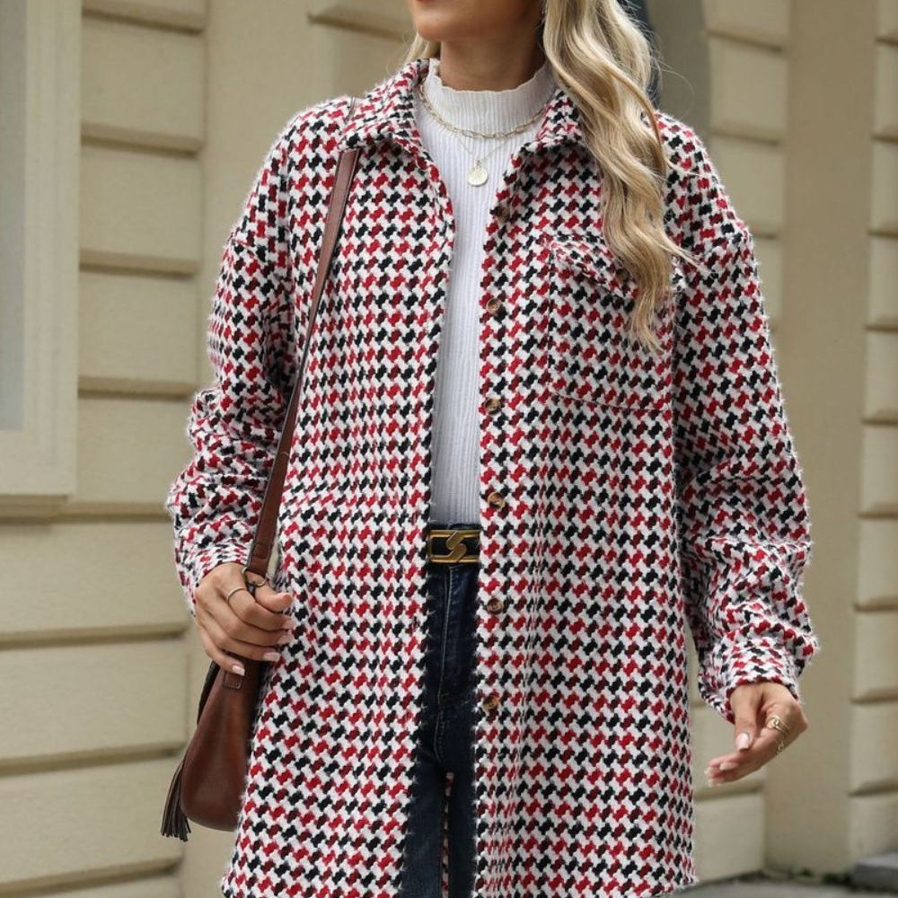 
                      
                        Houndstooth Button Up Dropped Shoulder Coat
                      
                    