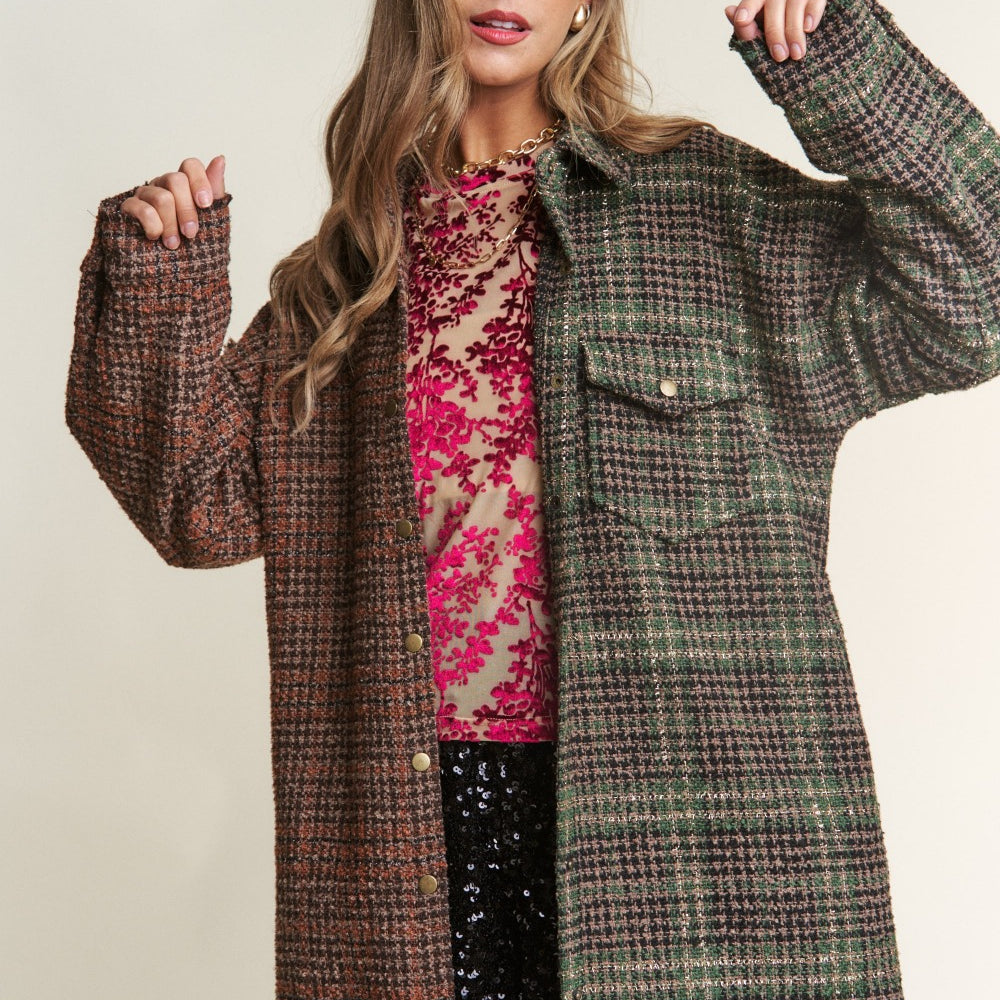 
                      
                        J.NNA Snap Down Tweed Plaid Contrast  Longline Shacket
                      
                    