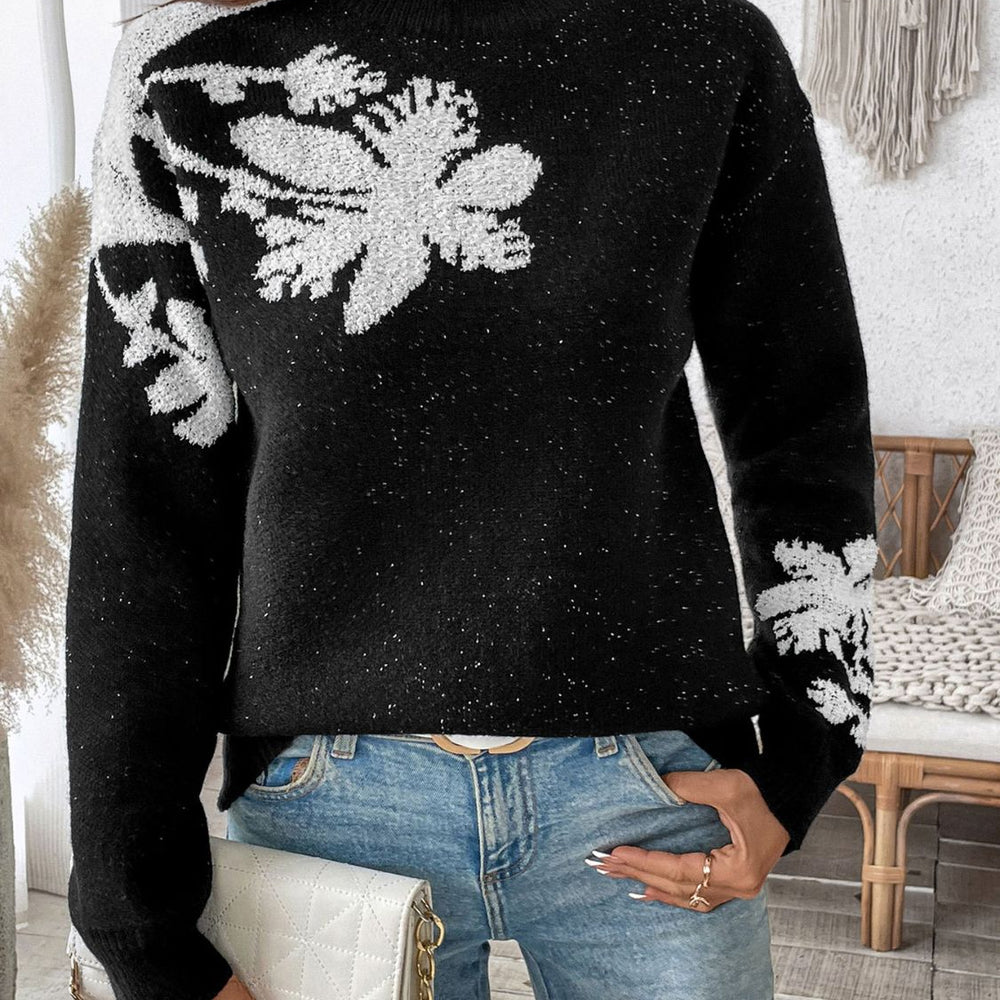 Perfee Flower Mock Neck Long Sleeve Sweater