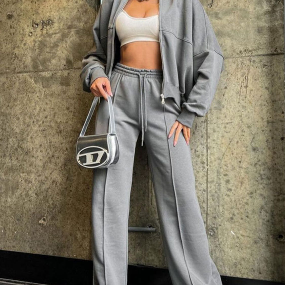 Baseball Collar Zip Up Top and Drawstring Pants Set