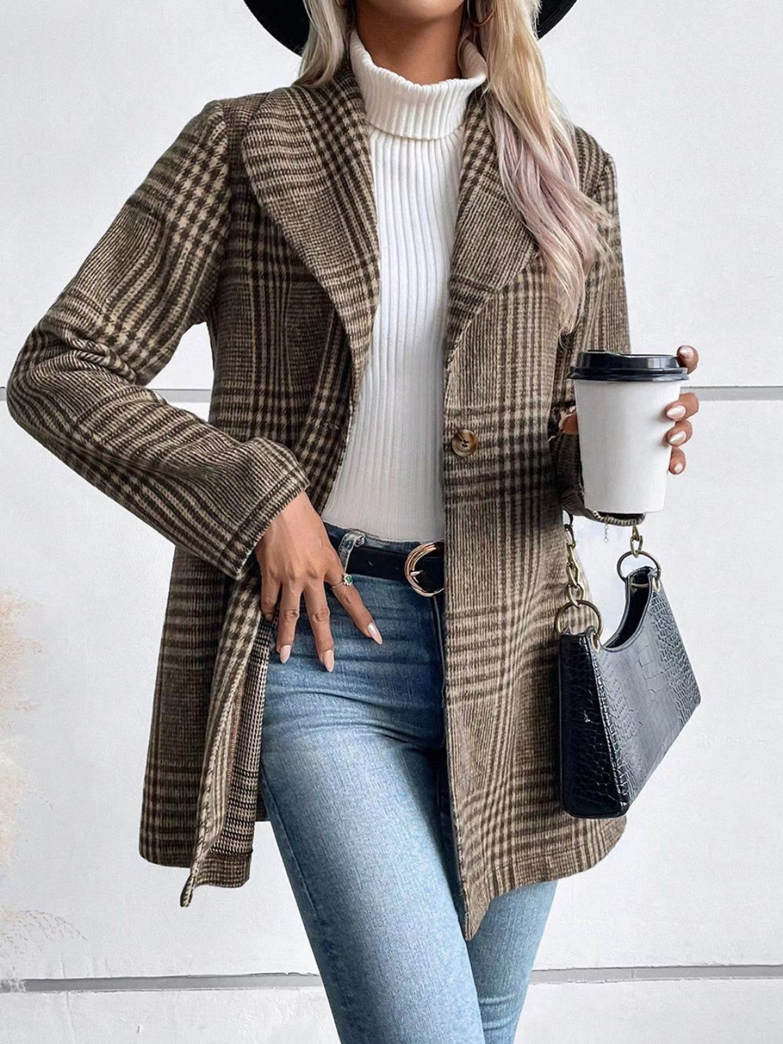 Plaid Collared Neck Long Sleeve Jacket - Black Ivory Apparel and Boutique