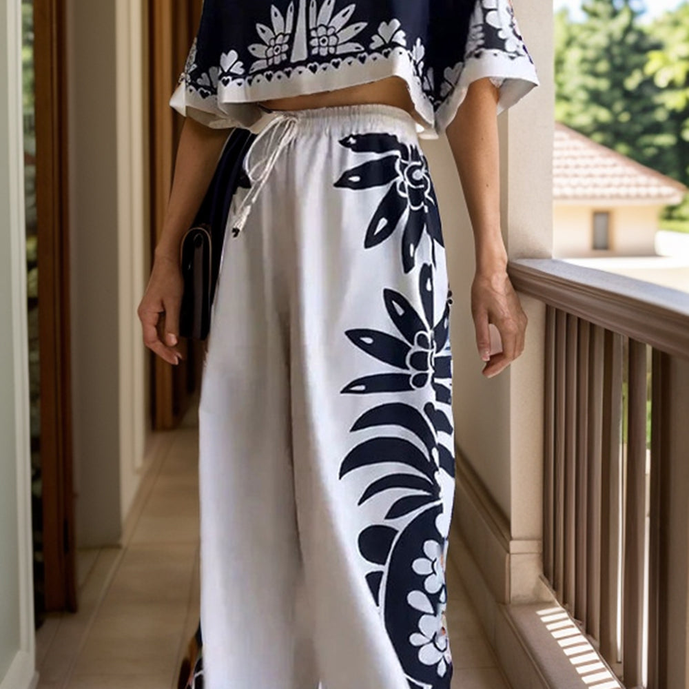 Printed Half Sleeve Top and Wide Leg Pants Set - Black Ivory Apparel and Boutique