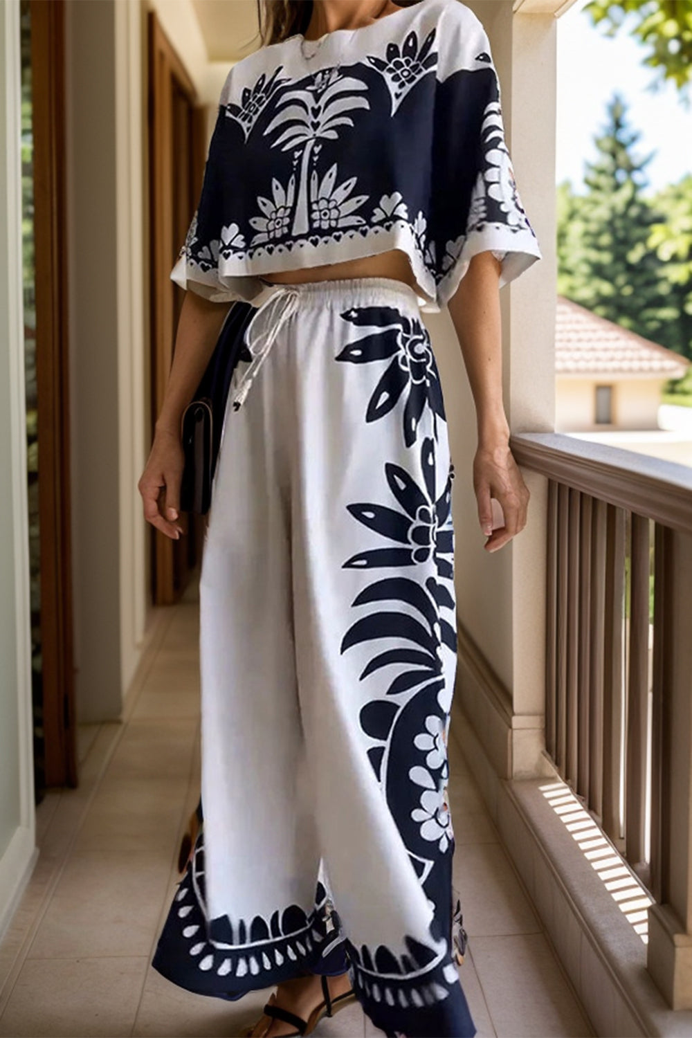 Printed Half Sleeve Top and Wide Leg Pants Set - Black Ivory Apparel and Boutique