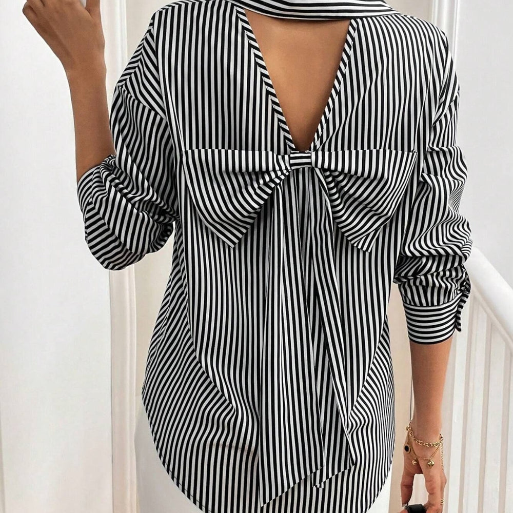 
                  
                    Cutout Bow Back Striped Collared Neck Long Sleeve Shirt
                  
                