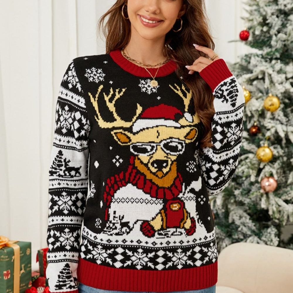 Christmas Pattern Round Neck Long Sleeve Sweater