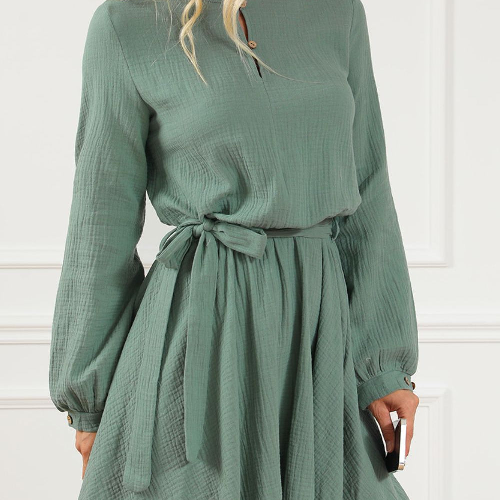 
                  
                    Round Neck Long Sleeve Tie Waist Dress
                  
                