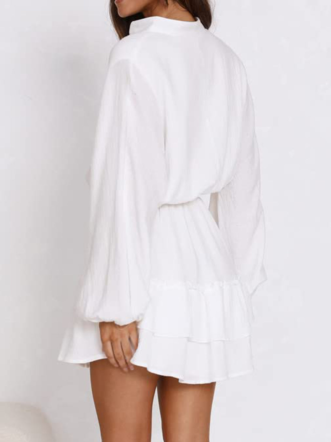 Ruffled Notched Balloon Sleeve Mini Dress - Black Ivory Apparel & Boutique