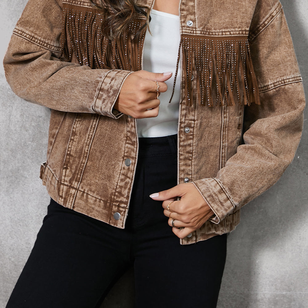 
                  
                    Fringe Trim Snap Down Denim Jacket
                  
                