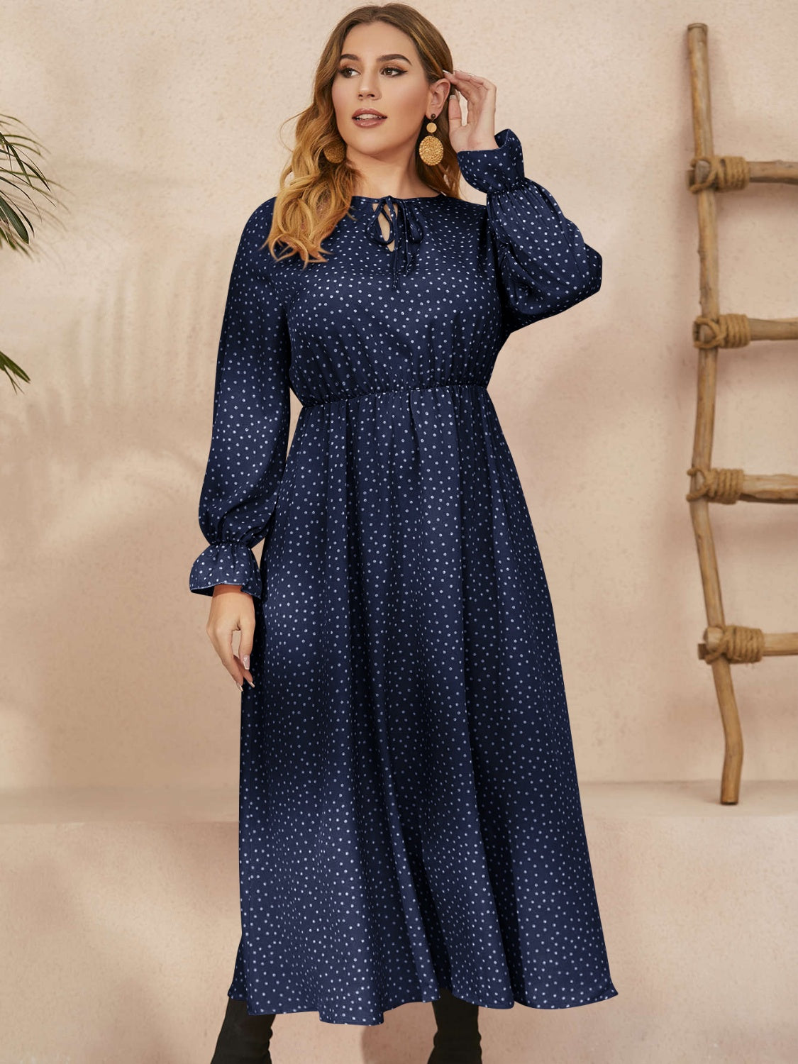 Plus Size Ruffled Polka Dot Long Sleeve Midi Dress