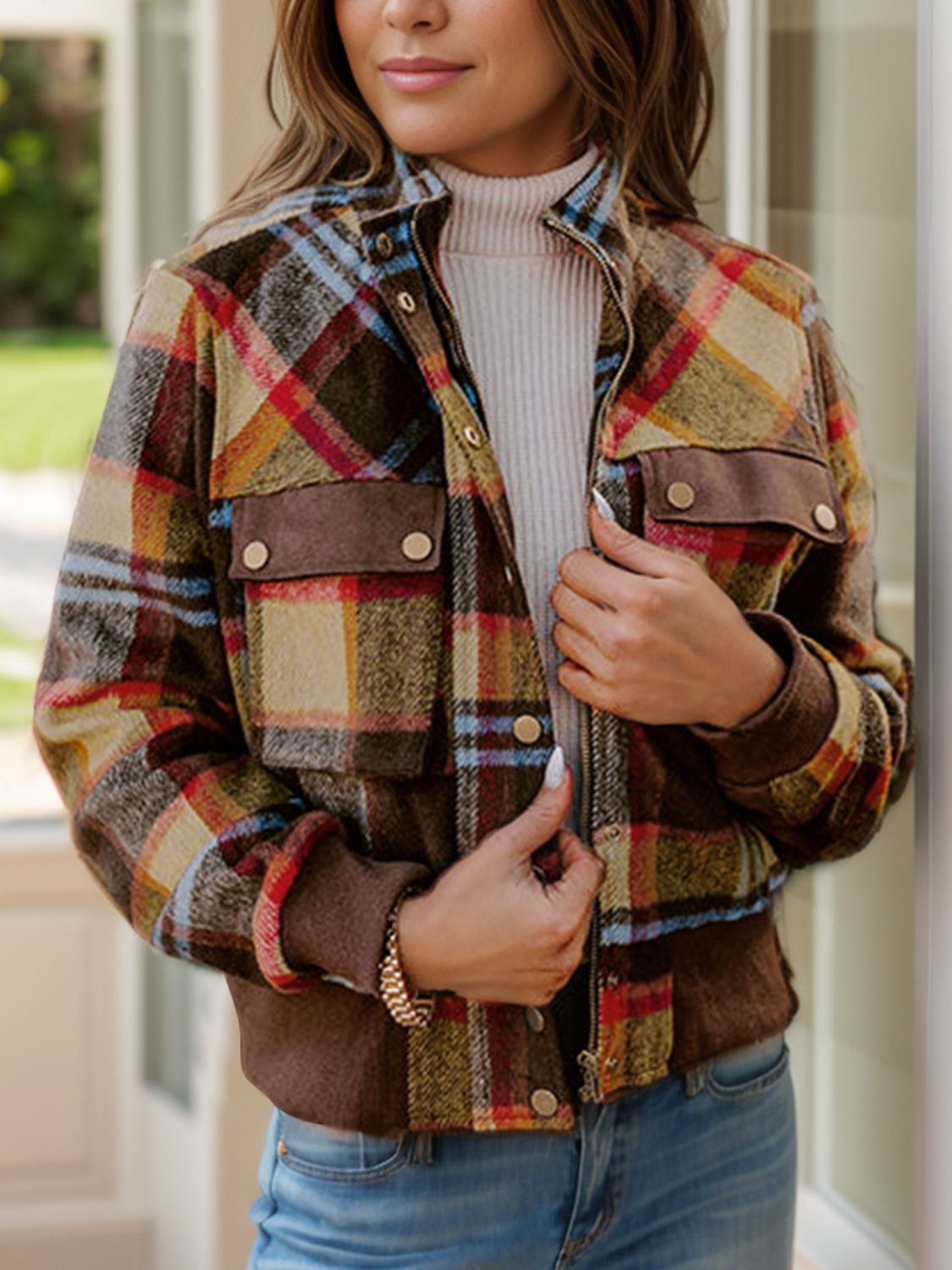 Pocketed Plaid Long Sleeve Jacket - Black Ivory Apparel and Boutique