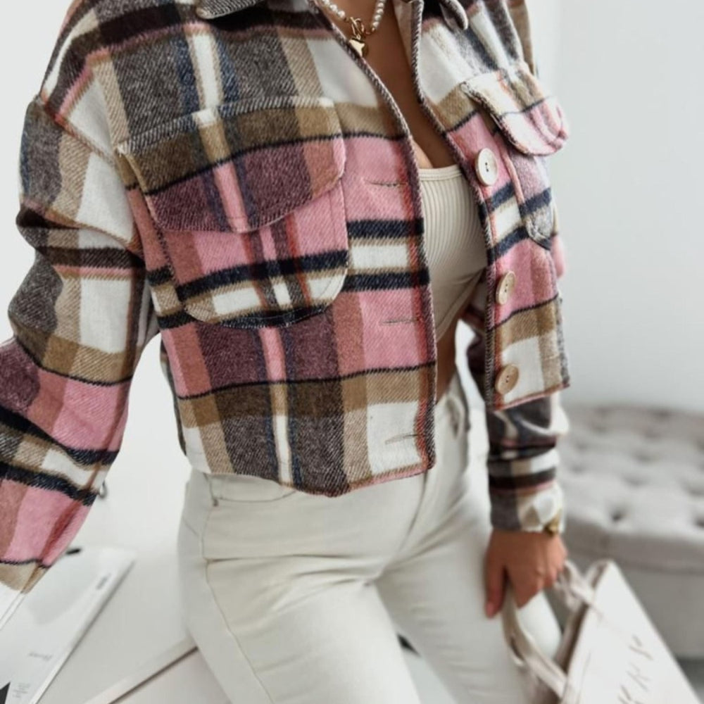 Pocketed Collared Neck Long Sleeve Plaid Jacket