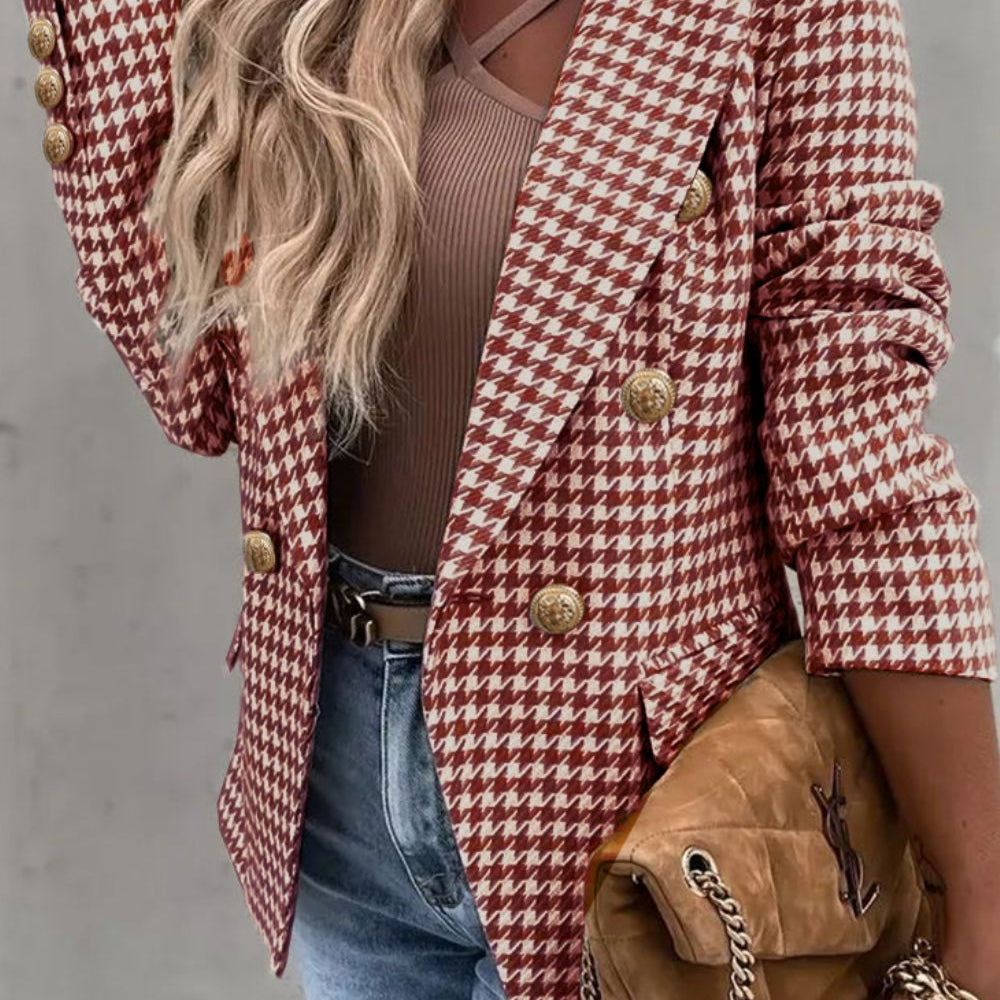 Houndstooth Collared Neck Double-Breasted Blazer