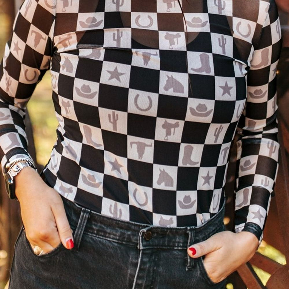 
                  
                    Checkered Mock Neck Long Sleeve Top
                  
                