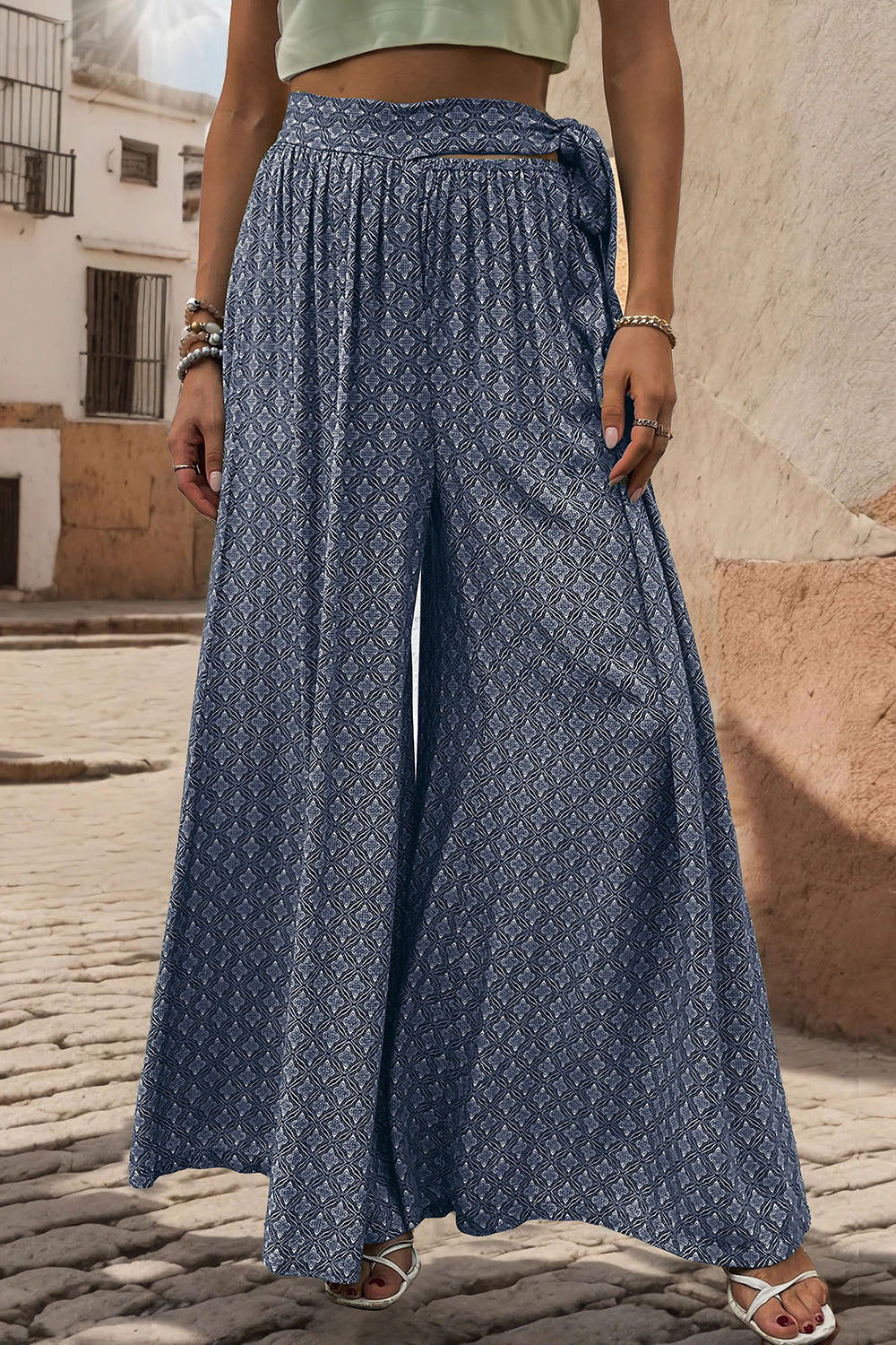 Printed Tied Wide Leg Pants - Black Ivory Apparel and Boutique