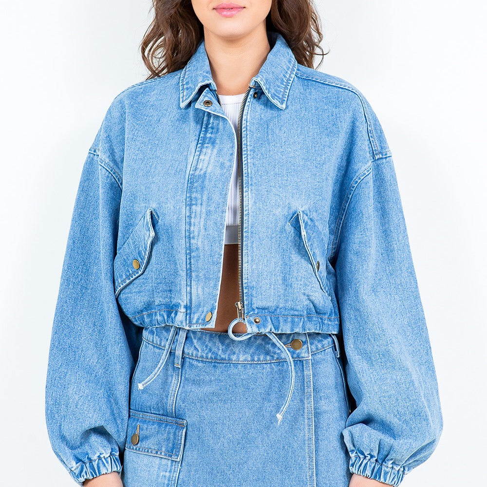 
                      
                        American Bazi Drawstring Waist Crop Denim Jacket
                      
                    