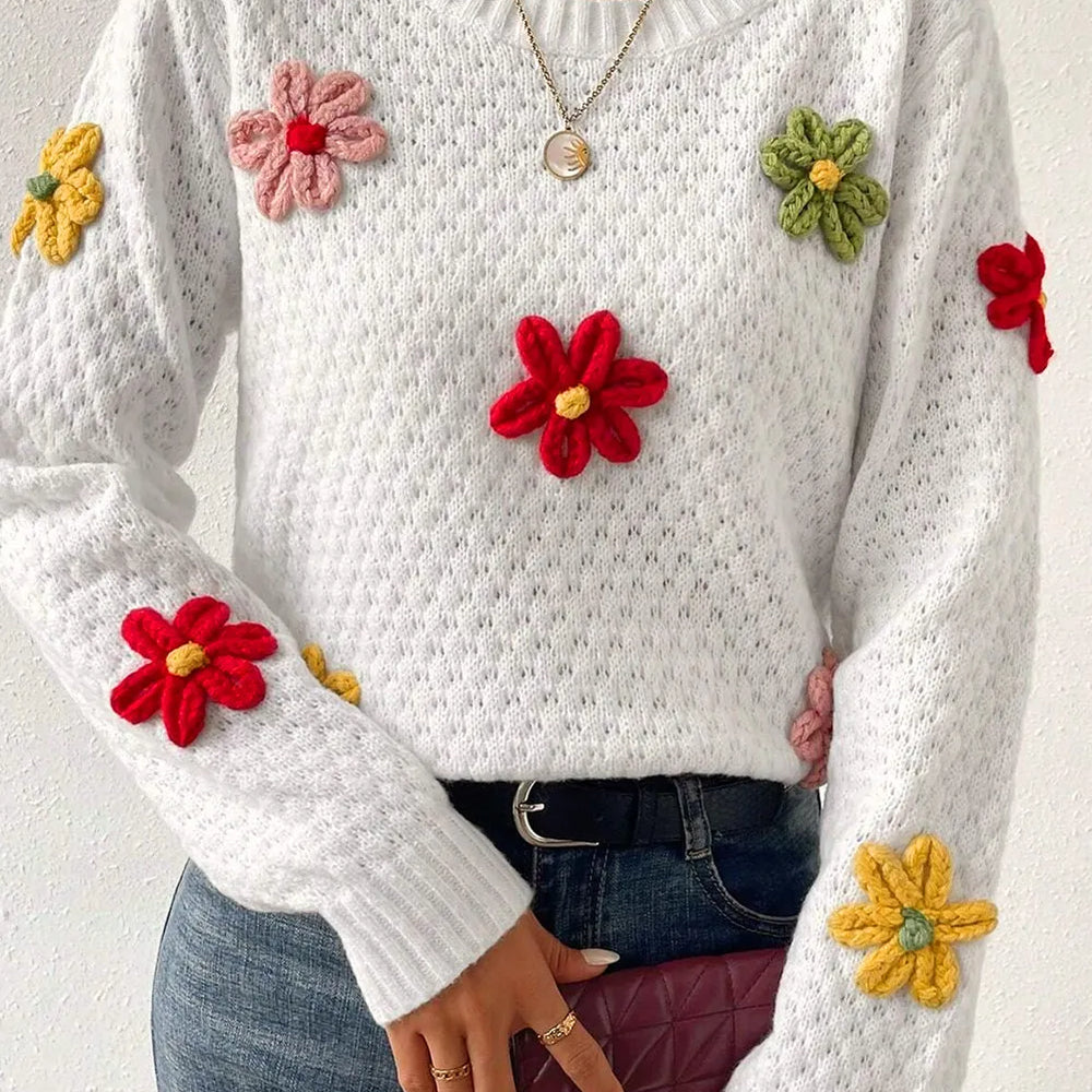 Crochet Flower Round Neck Sweater