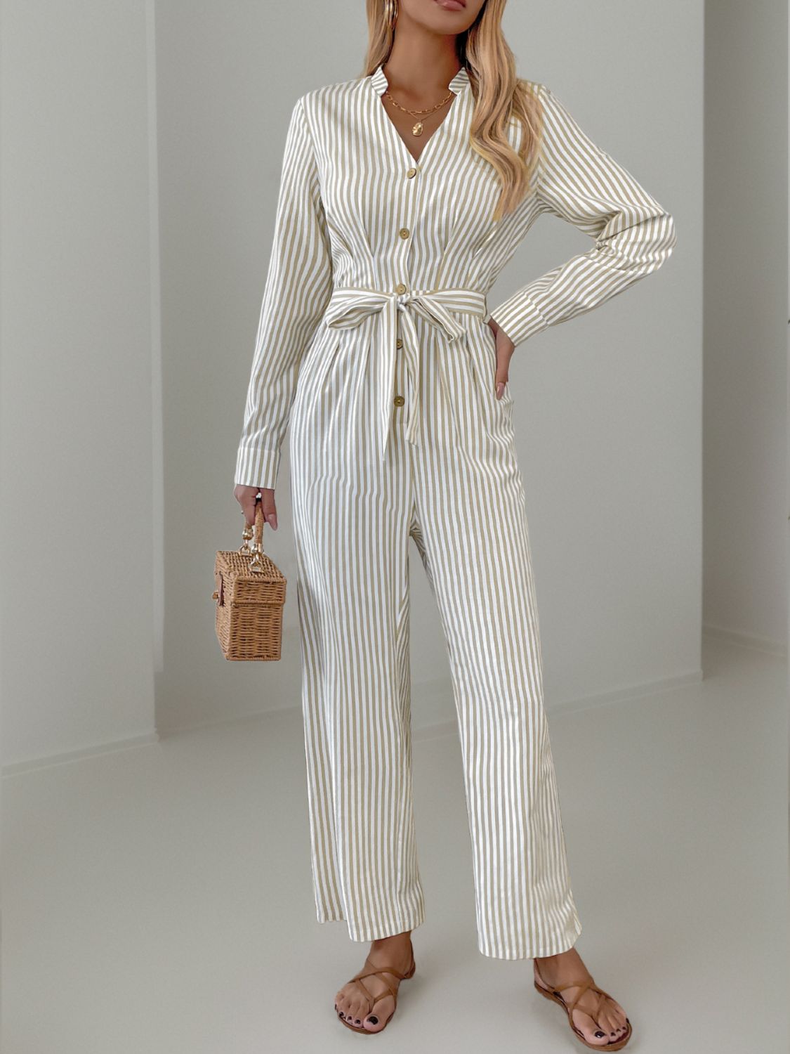 Striped Notched Long Sleeve Tie Waist Jumpsuit - Black Ivory Apparel & Boutique