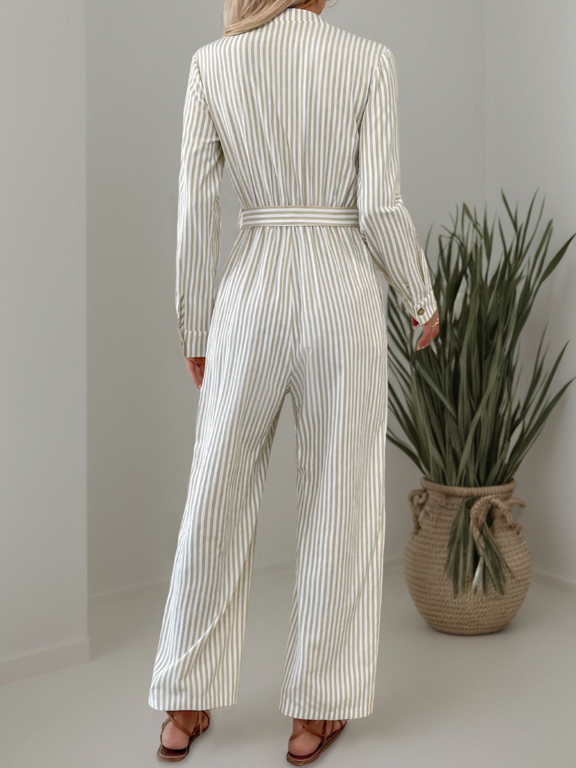 Striped Notched Long Sleeve Tie Waist Jumpsuit - Black Ivory Apparel & Boutique