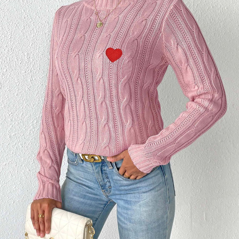 Cable-Knit Heart Round Neck Long Sleeve Sweater