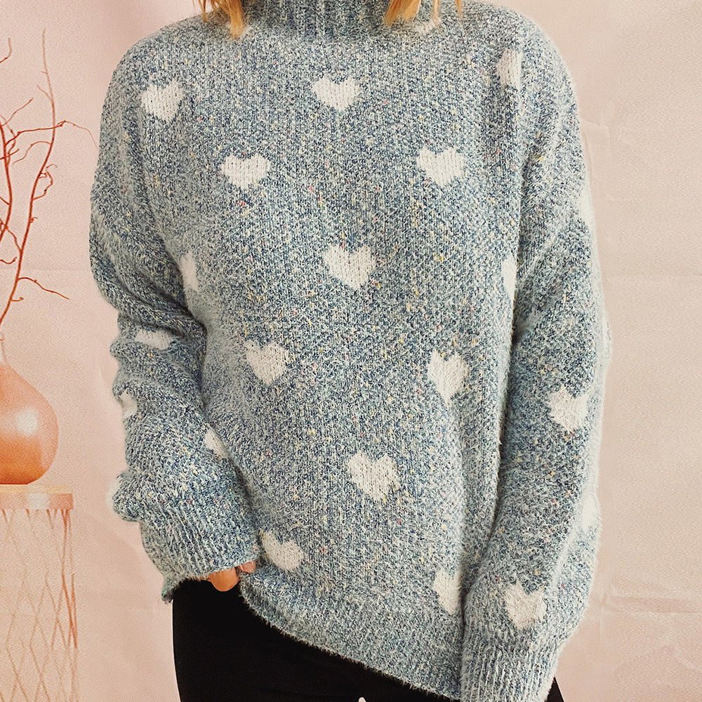 Heart Heathered Turtleneck Drop Shoulder Sweater