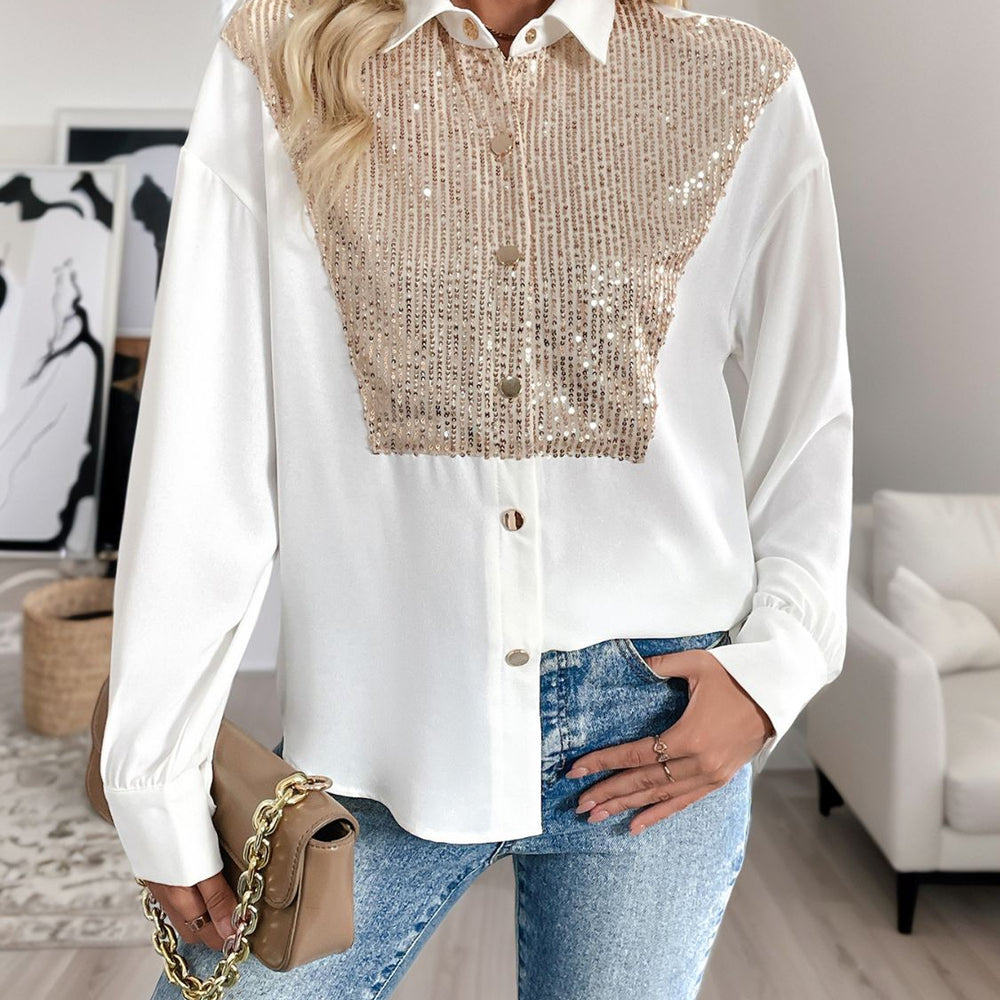 Perfee Sequin Contrast Collared Neck Long Sleeve Shirt